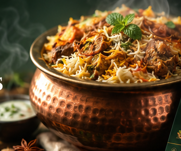 Hyderabadi biryani in a copper handi with aromatic steam